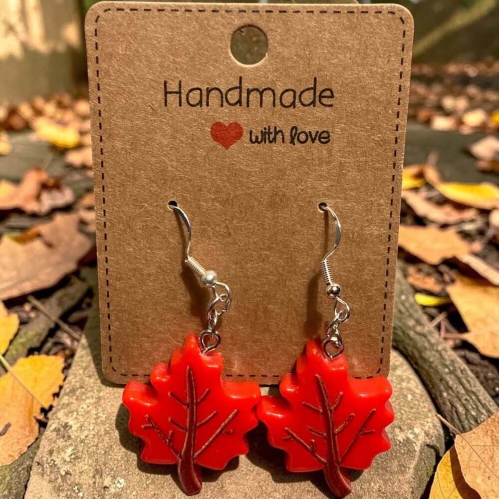 Red Maple Leaf Fall-Themed Resin Charm Earrings
